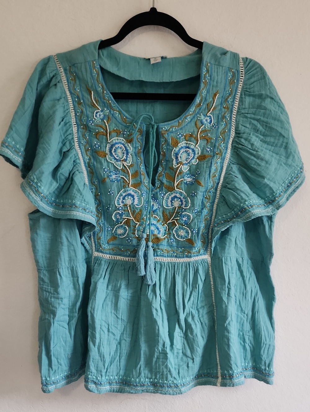 Sundance Teal 100% Cotton Floral Embroidered Peasant Top XL Boho Western Prairie